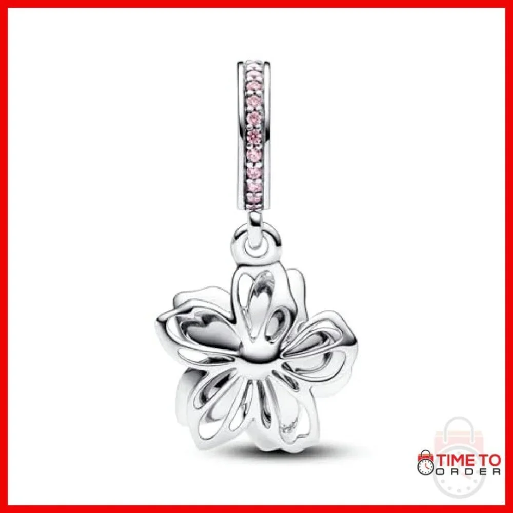 Sterling Silver Cherry Blossom Charm with CZ & Enamel for Bracelet